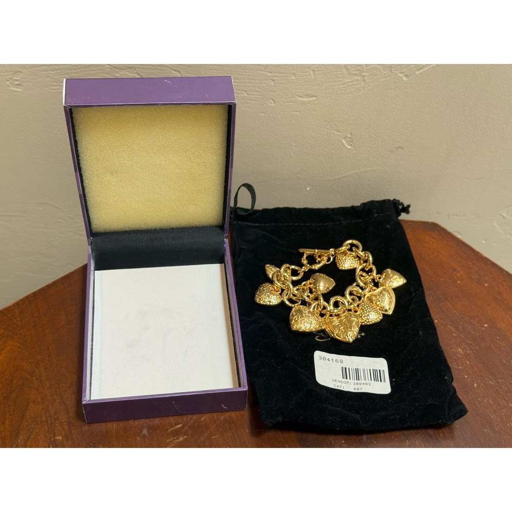 Vintage Suzanne Somers Multi Heart Charm Bracelet Gold Tone New In Box Pouch